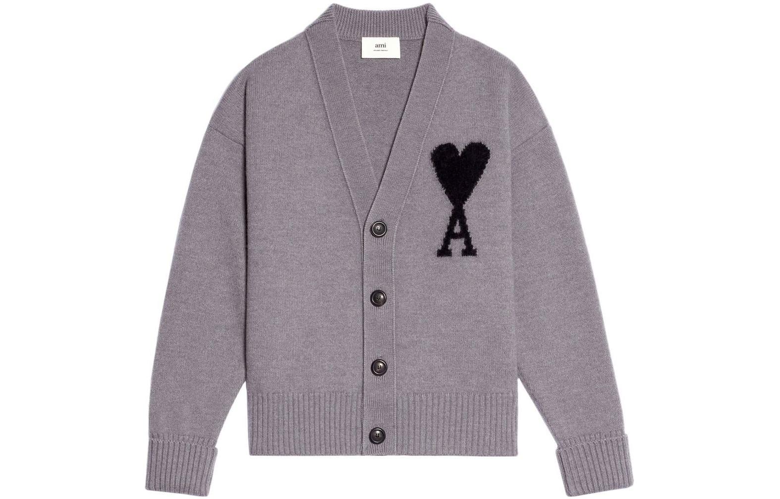 AMI PARIS FW22 Heart Pattern V-Neck Wool Sweater Unisex Grey UKC002-018057