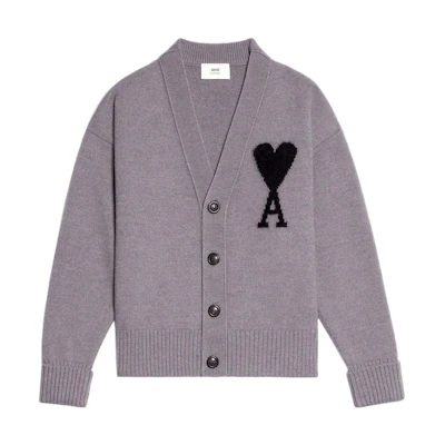 AMI PARIS FW22 Heart Pattern V-Neck Wool Sweater Unisex Grey UKC002-018057