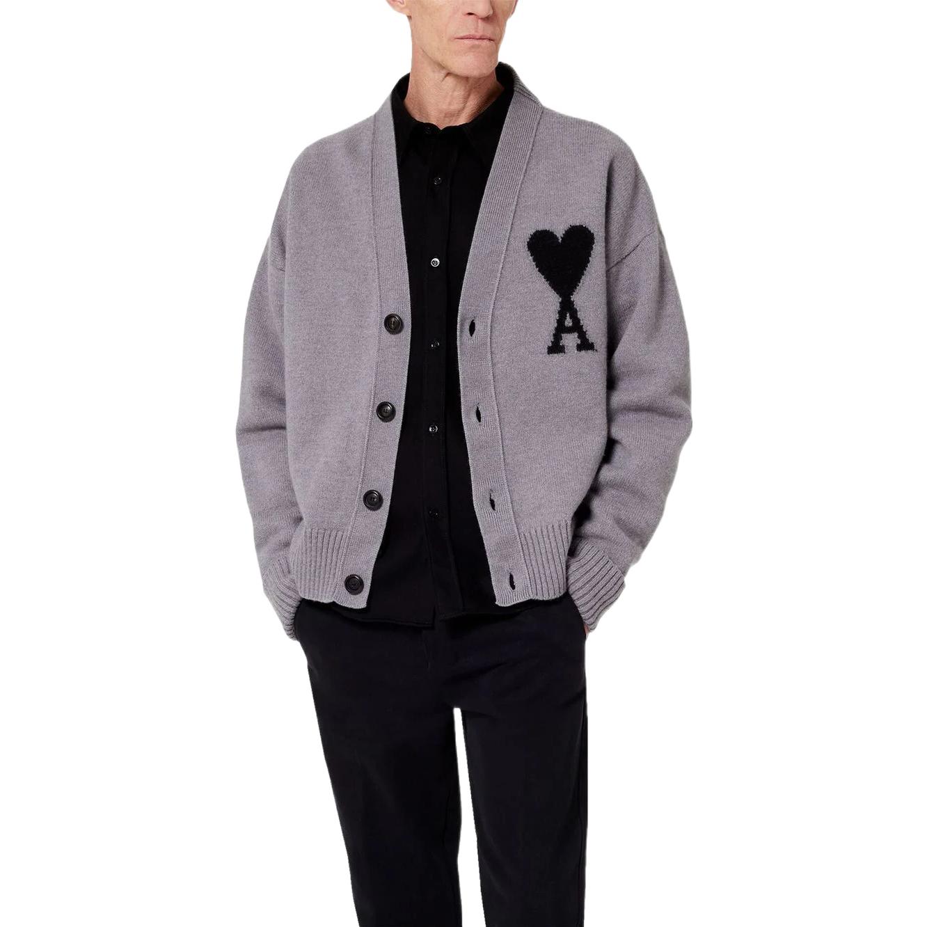 AMI PARIS FW22 Heart Pattern V-Neck Wool Sweater Unisex Grey UKC002-018057 圖 3