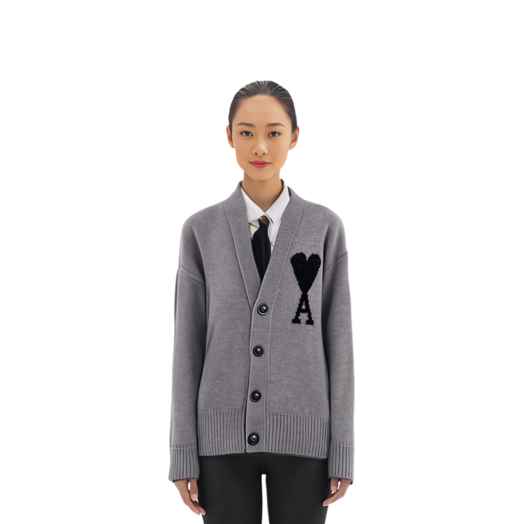 AMI PARIS FW22 Heart Pattern V-Neck Wool Sweater Unisex Grey UKC002-018057 圖 8
