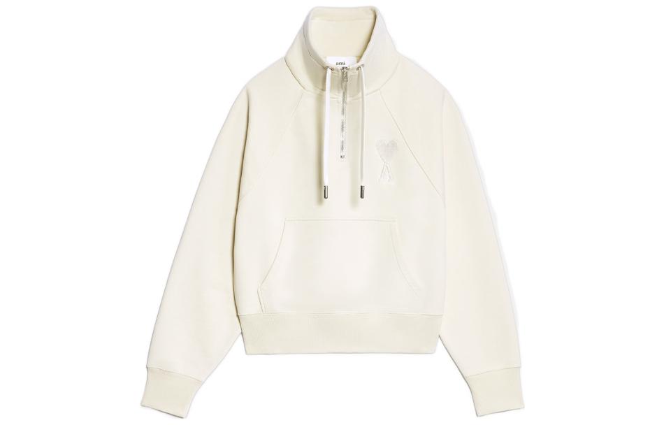 AMI Paris FW22 Logo Embroidered Half-Zip Hoodie Unisex Off-White. USW502747150