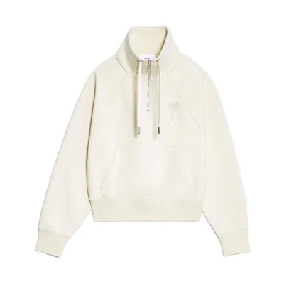 AMI Paris FW22 Logo Embroidered Half-Zip Hoodie Unisex Off-White. USW502747150
