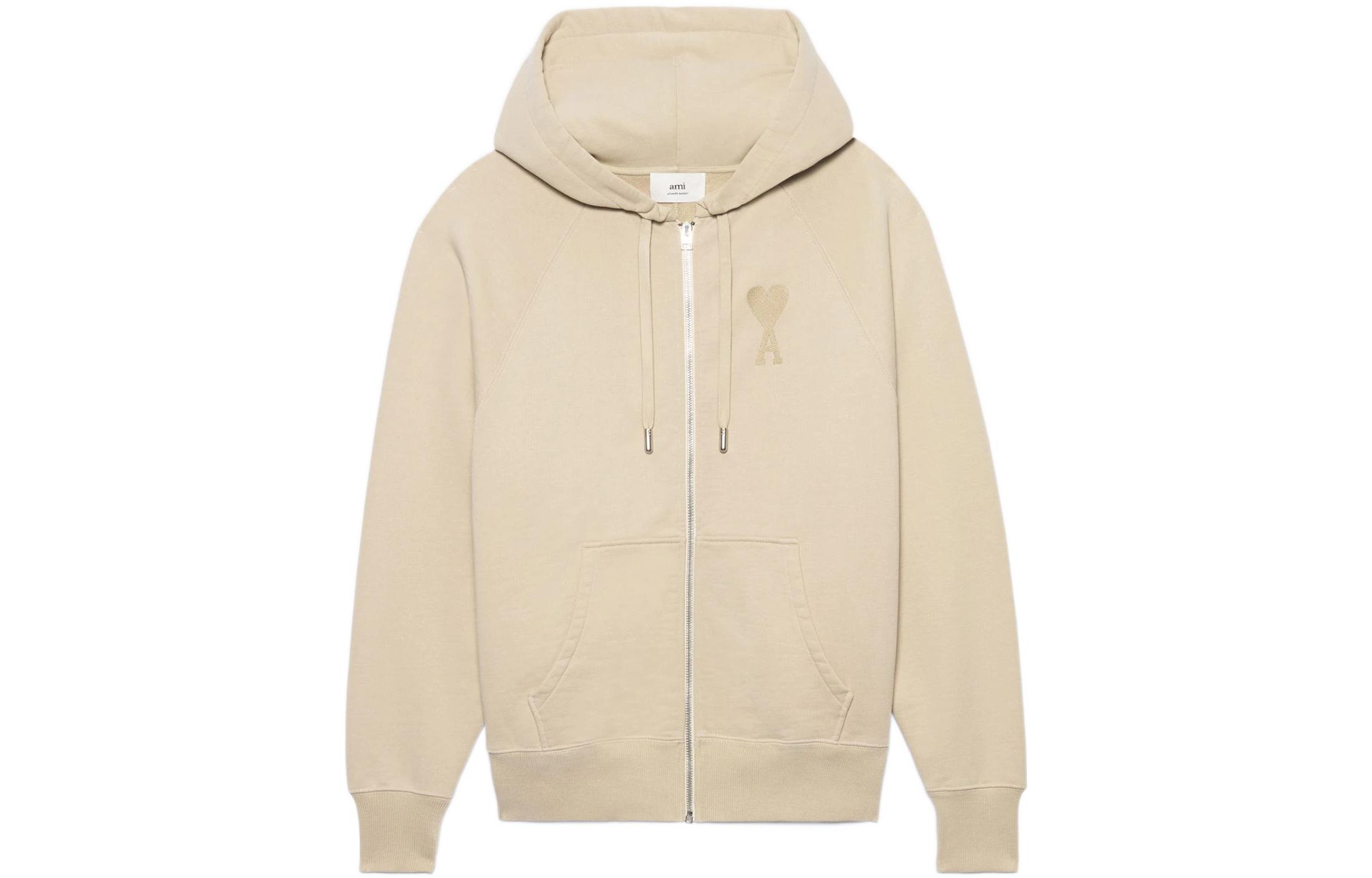 AMI Paris FW22 Logo Embroidered Heart Cotton Hoodie Beige Unisex Casual Fit USW402747-250