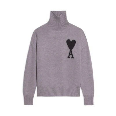 AMI Paris FW22 Logo Jacquard Ribbed Turtleneck Knit Sweater Unisex Grey UKS402018-057