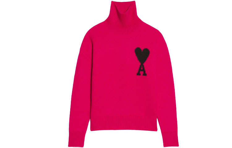 AMI Paris FW22 Logo Jacquard Ribbed Turtleneck Knit Sweater Unisex Pink. UKS402018-630 圖 2