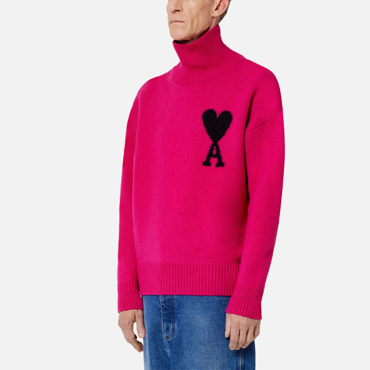 AMI Paris FW22 Logo Jacquard Ribbed Turtleneck Knit Sweater Unisex Pink. UKS402018-630 圖 4