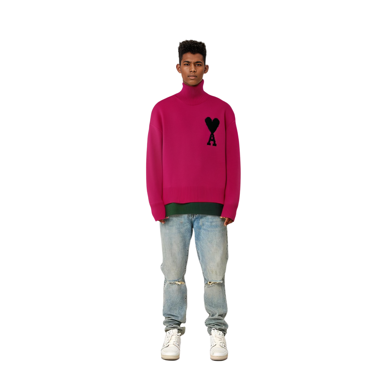 AMI Paris FW22 Logo Jacquard Ribbed Turtleneck Knit Sweater Unisex Pink. UKS402018-630 圖 5