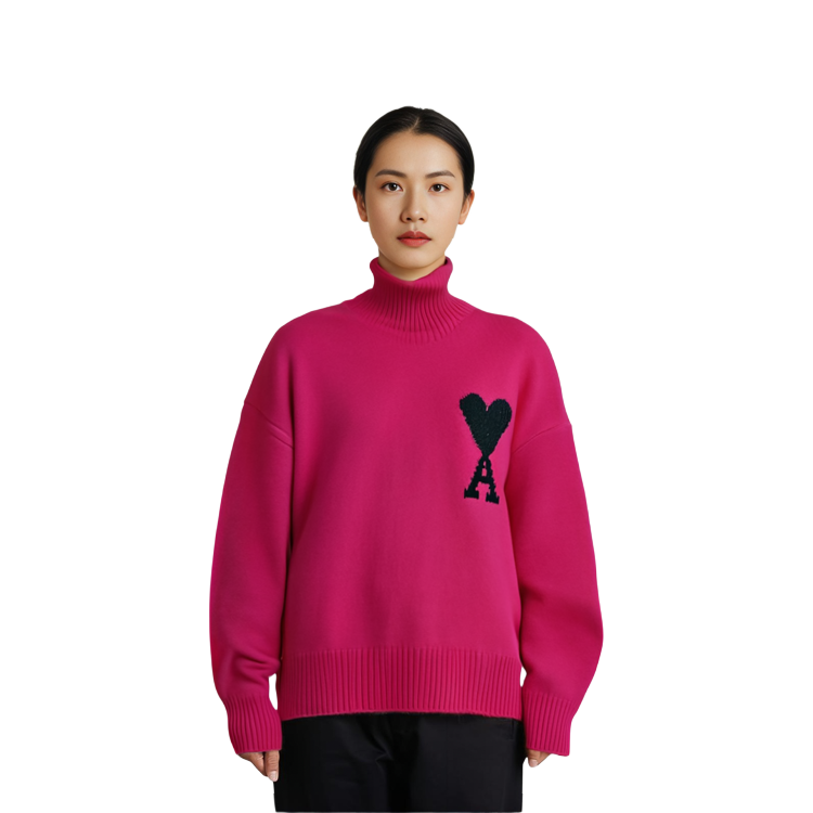 AMI Paris FW22 Logo Jacquard Ribbed Turtleneck Knit Sweater Unisex Pink. UKS402018-630 圖 6