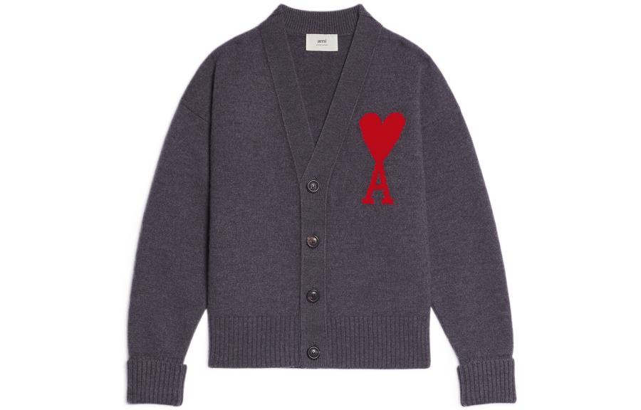AMI Paris FW22 Oversized Heart Logo Wool V-Neck Knit Cardigan Unisex - Dark Grey UKC002018-067