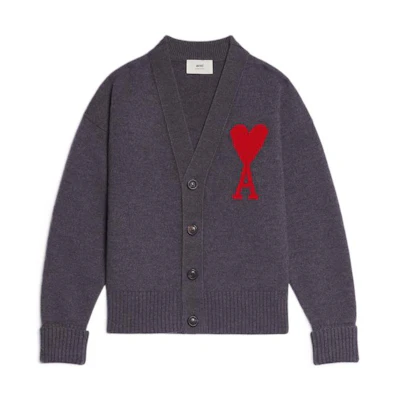 AMI Paris FW22 Oversized Heart Logo Wool V-Neck Knit Cardigan Unisex - Dark Grey UKC002018-067