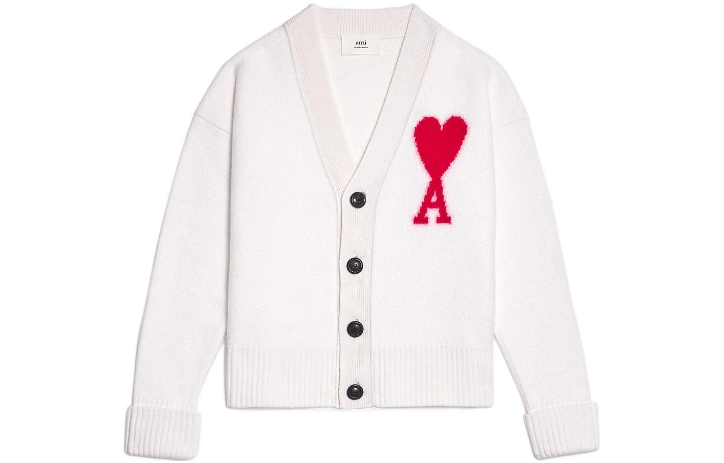 AMI PARIS FW22 Oversized V-Neck Wool Sweater Cream with Red Heart Logo. BFUKC002-018154