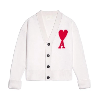 AMI PARIS FW22 Oversized V-Neck Wool Sweater Cream with Red Heart Logo. BFUKC002-018154