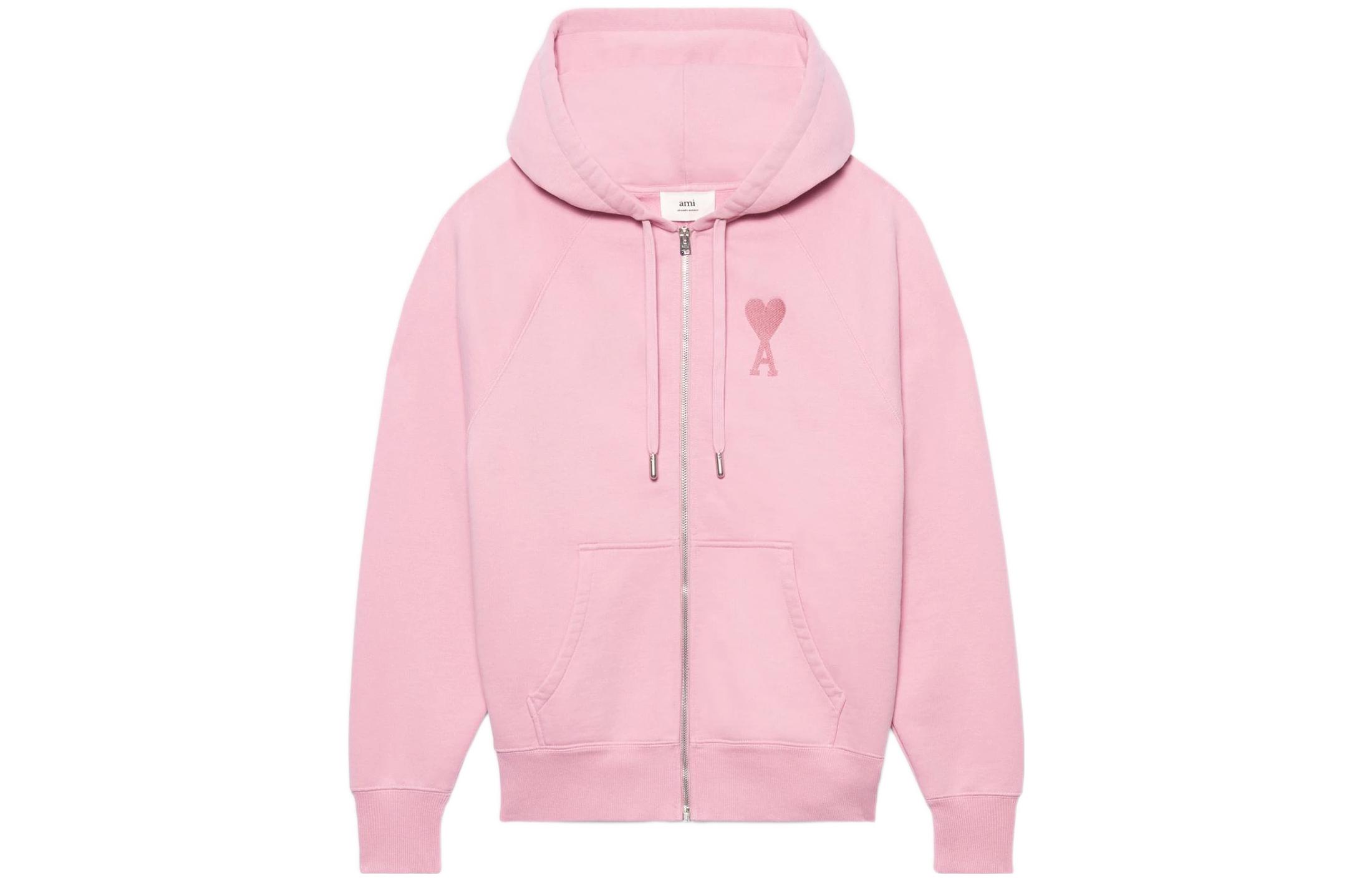 AMI PARIS FW22 Pink Heart Embroidery Logo Cotton Hoodie Unisex Casual Fit. USW402-747655