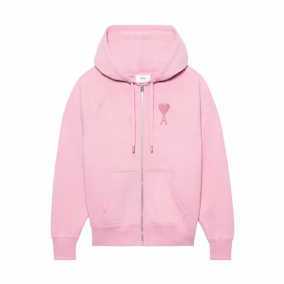 AMI PARIS FW22 Pink Heart Embroidery Logo Cotton Hoodie Unisex Casual Fit. USW402-747655