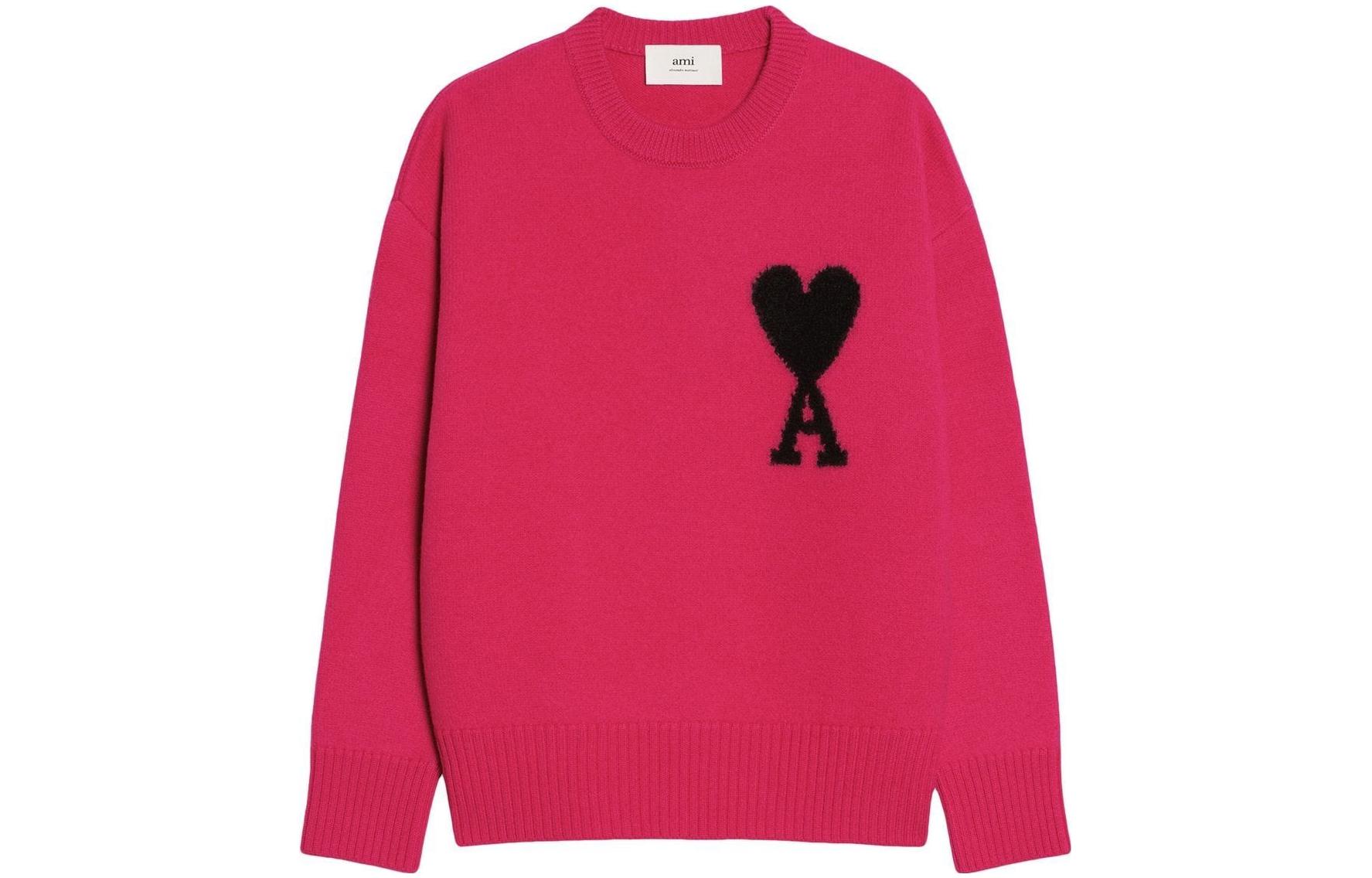 AMI Paris FW22 Pink Heart Logo Wool Crewneck Sweater Unisex. UKS002018-630