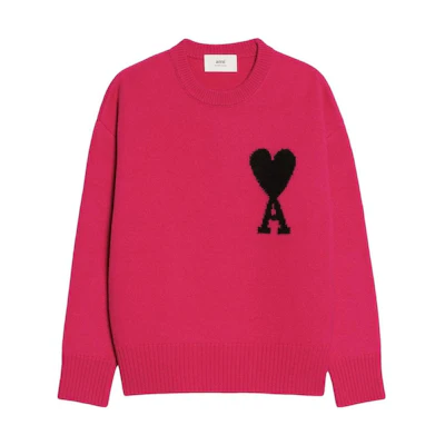 AMI Paris FW22 Pink Heart Logo Wool Crewneck Sweater Unisex. UKS002018-630