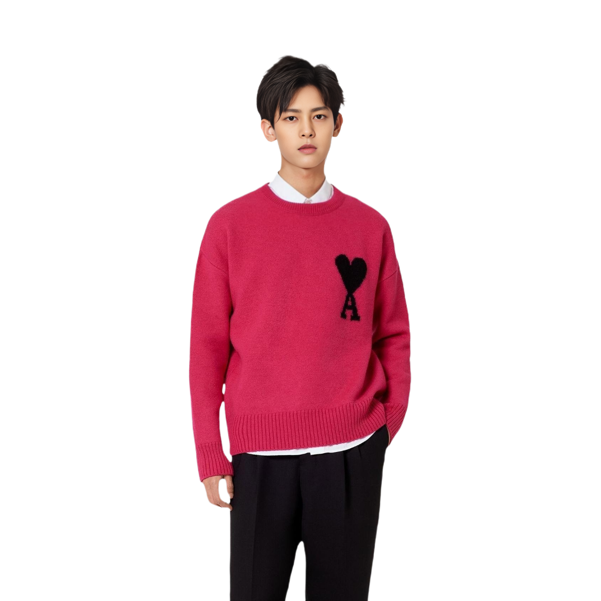 Lookbook AMI Paris FW22 粉色愛心Logo羊毛圓領毛衣 男女皆宜款式. UKS002018-630