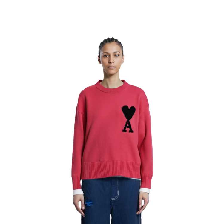 Shop AMI Paris FW22 粉色愛心Logo羊毛圓領毛衣 男女皆宜款式. UKS002018-630