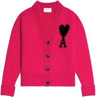 AMI Paris FW22 Pink Oversized V-Neck Wool Cardigan Sweater Unisex Black Heart Logo UKC002018-630 AMI Paris FW22 Pink Oversized V-Neck Wool Cardigan Sweater Unisex Black Heart Logo UKC002018-630
