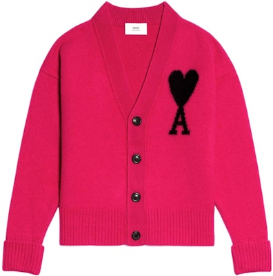 AMI Paris FW22 粉色V領羊毛寬鬆版毛衣外套 男女同款 黑色心形標誌 UKC002018-630 Buy AMI Paris FW22 粉色V領羊毛寬鬆版毛衣外套 男女同款 黑色心形標誌 UKC002018-630