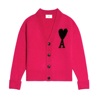 AMI Paris FW22 Pink Oversized V-Neck Wool Cardigan Sweater Unisex Black Heart Logo UKC002018-630
