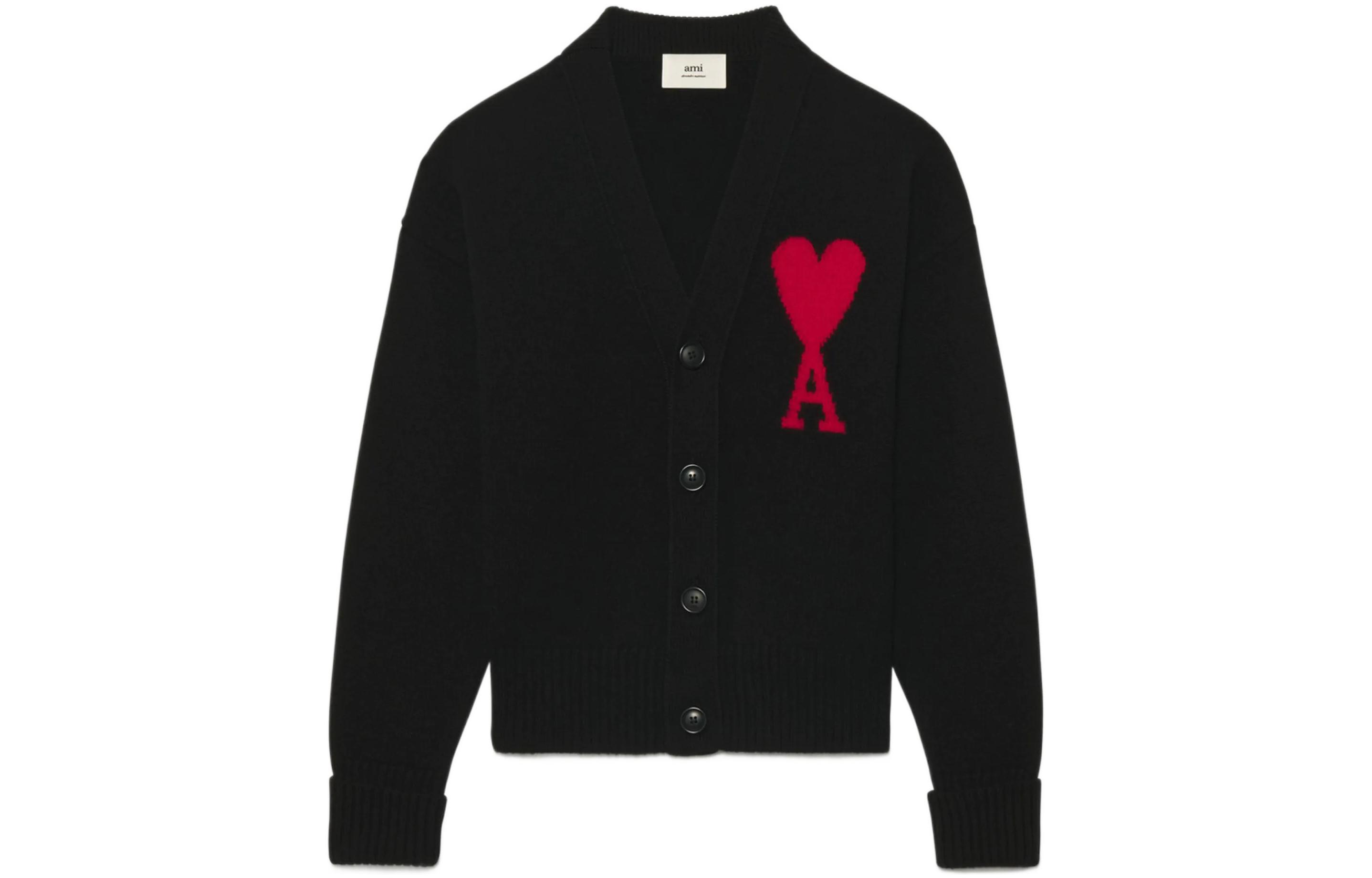 AMI Paris FW22 Red Heart Logo V-Neck Wool Cardigan Sweater Unisex Black UKC002018-009