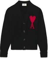 AMI Paris FW22 Red Heart Logo V-Neck Wool Cardigan Sweater Unisex Black UKC002018-009 AMI Paris FW22 Red Heart Logo V-Neck Wool Cardigan Sweater Unisex Black UKC002018-009
