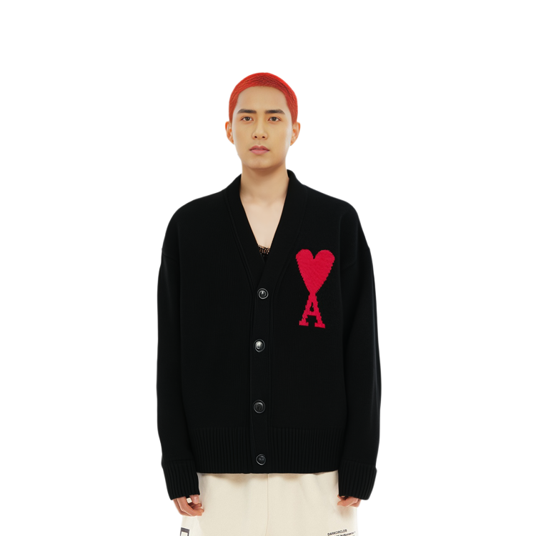 Details for AMI Paris FW22 紅心標誌V領羊毛開衫毛衣 男女同款 黑色 UKC002018-009