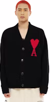 Details for AMI Paris FW22 Red Heart Logo V-Neck Wool Cardigan Sweater Unisex Black UKC002018-009