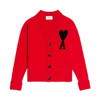 AMI Paris FW22 Red Heart Logo Wool Oversized V-Neck Cardigan Unisex Sweater UKC002-018605