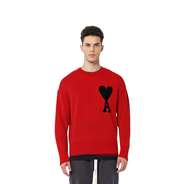 Sizing AMI PARIS FW22 Sweater Logo Hati Merah Bersaiz Besar Unisex Wool. UKS002-018605