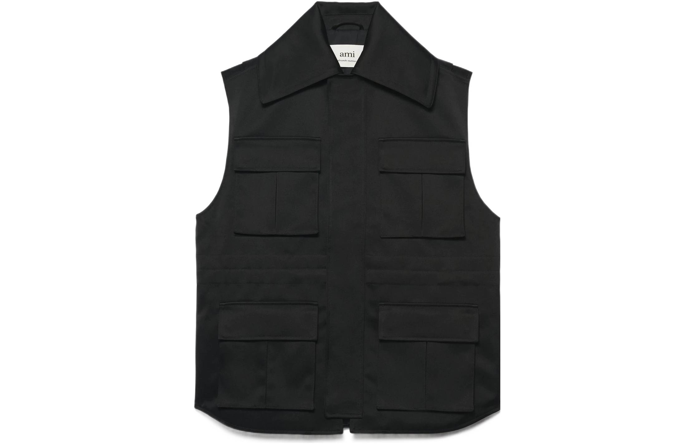AMI PARIS FW22 Sleeveless Jacket with Wide Collar and Patch Pocket - Black Menswear HJK001225-001