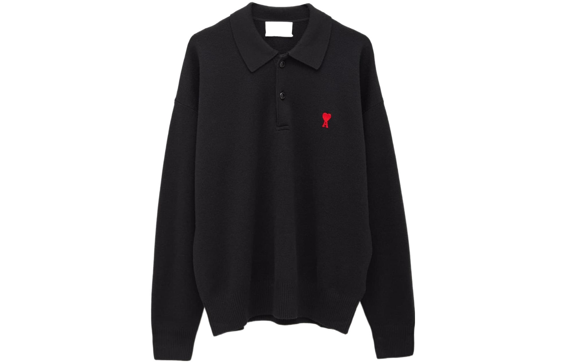 AMI PARIS FW22 Solid Color Embroidered Logo Knit Long Sleeve Polo Shirt Black HPL301001-001