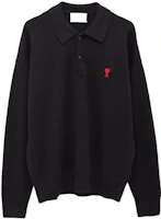 AMI PARIS FW22 Solid Color Embroidered Logo Knit Long Sleeve Polo Shirt Black HPL301001-001 AMI PARIS FW22 Solid Color Embroidered Logo Knit Long Sleeve Polo Shirt Black HPL301001-001