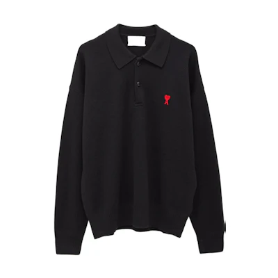 AMI PARIS FW22 Solid Color Embroidered Logo Knit Long Sleeve Polo Shirt Black HPL301001-001