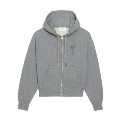 AMI Paris FW22 Solid Color Hoodie Zip Jacket Grey USW402-747055