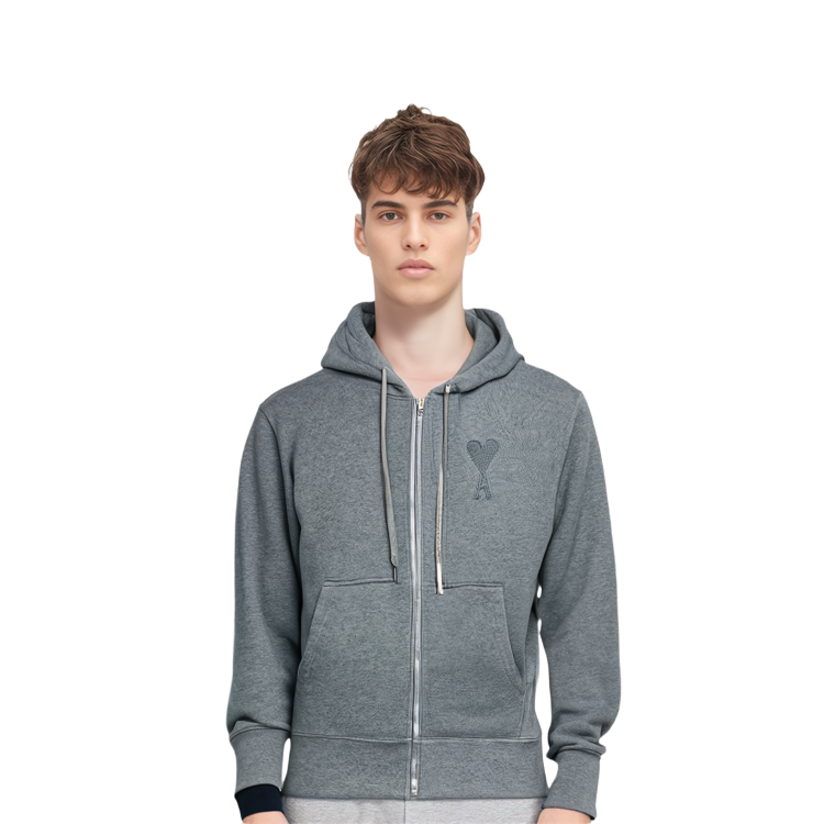 AMI Paris FW22 Solid Color Hoodie Zip Jacket  Grey USW402-747055 圖 6