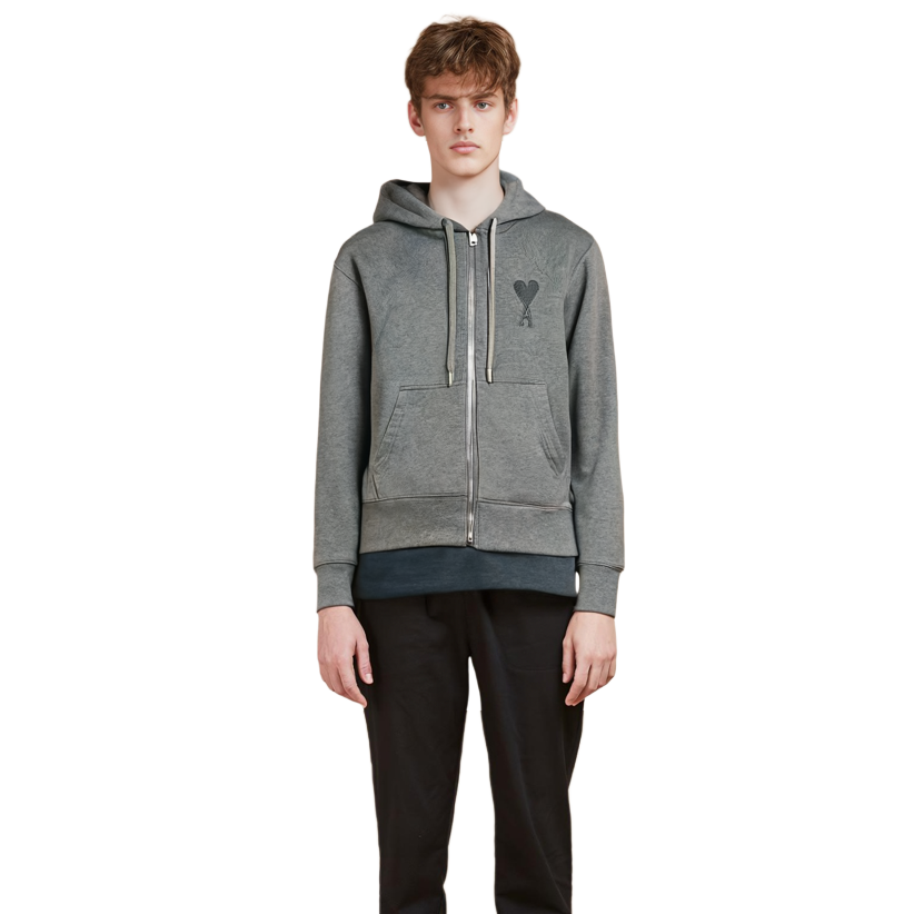 AMI Paris FW22 Solid Color Hoodie Zip Jacket  Grey USW402-747055 圖 8