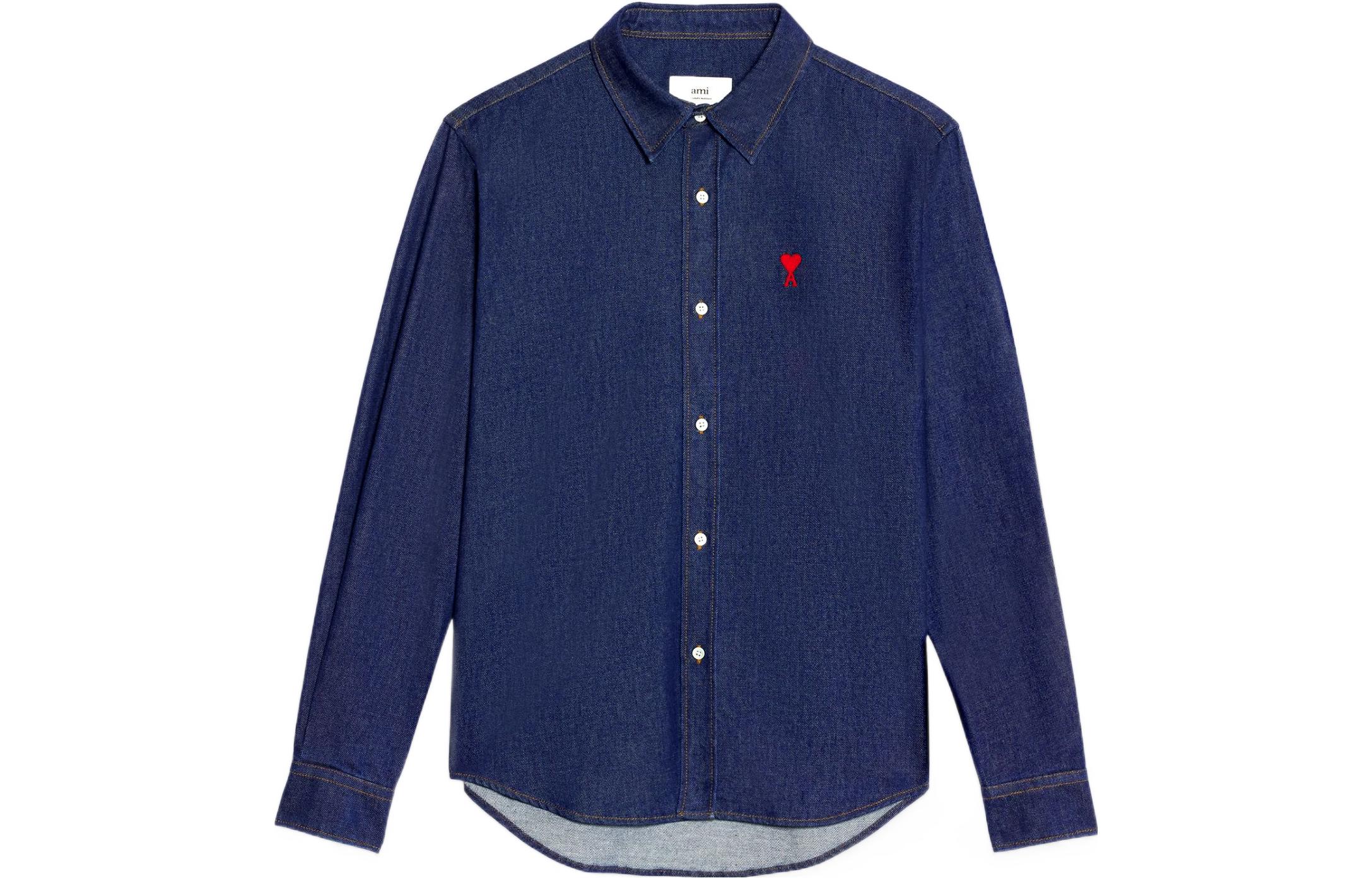 AMI Paris FW22 Solid Logo Embroidered Button-Up Denim Jacket Blue Menswear HSH114650-402
