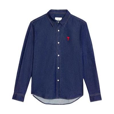 AMI Paris FW22 Solid Logo Embroidered Button-Up Denim Jacket Blue Menswear HSH114650-402