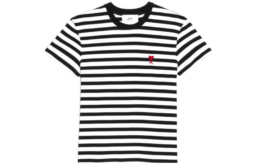 AMI Paris FW22 Striped Heart Cotton Crewneck T-Shirt Unisex Multicolor UTS013074-004