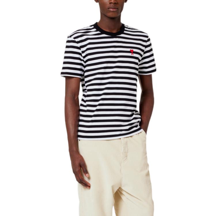 Shop AMI Paris FW22 Kemeja-T Kapas Uniseks Berjalur Hati Multicolor UTS013074-004