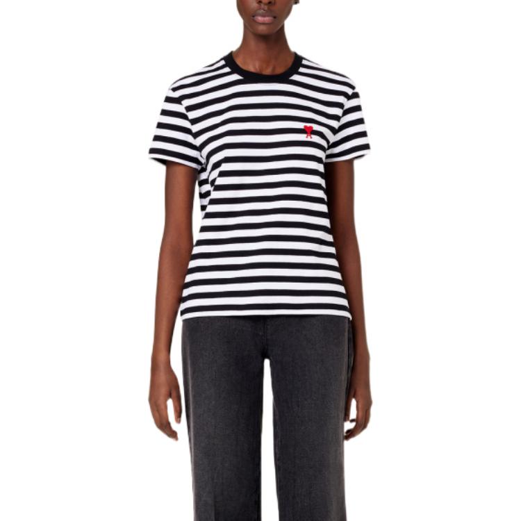 Purchase AMI Paris FW22 Kemeja-T Kapas Uniseks Berjalur Hati Multicolor UTS013074-004