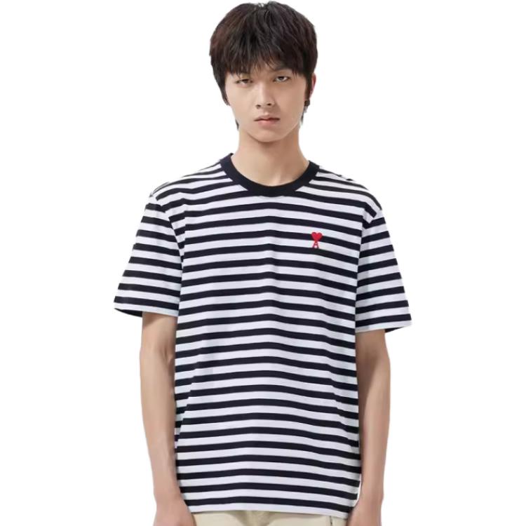 Details for AMI Paris FW22 Kemeja-T Kapas Uniseks Berjalur Hati Multicolor UTS013074-004