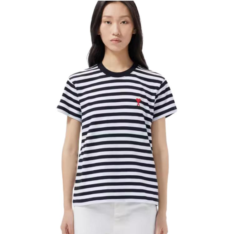 Sizing AMI Paris FW22 Kemeja-T Kapas Uniseks Berjalur Hati Multicolor UTS013074-004