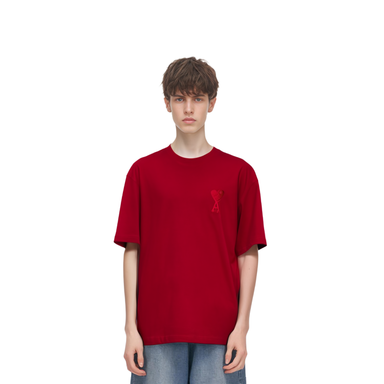 Details for 아미 파리 FW22 유니섹스 하트 로고 자수 레드 티셔츠. UTS002726-600