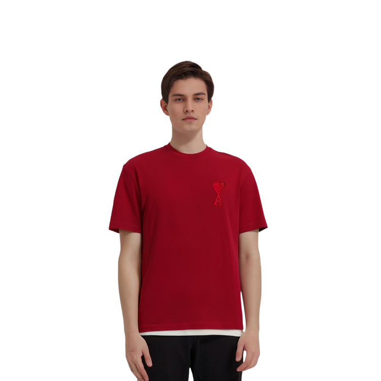Sizing 아미 파리 FW22 유니섹스 하트 로고 자수 레드 티셔츠. UTS002726-600