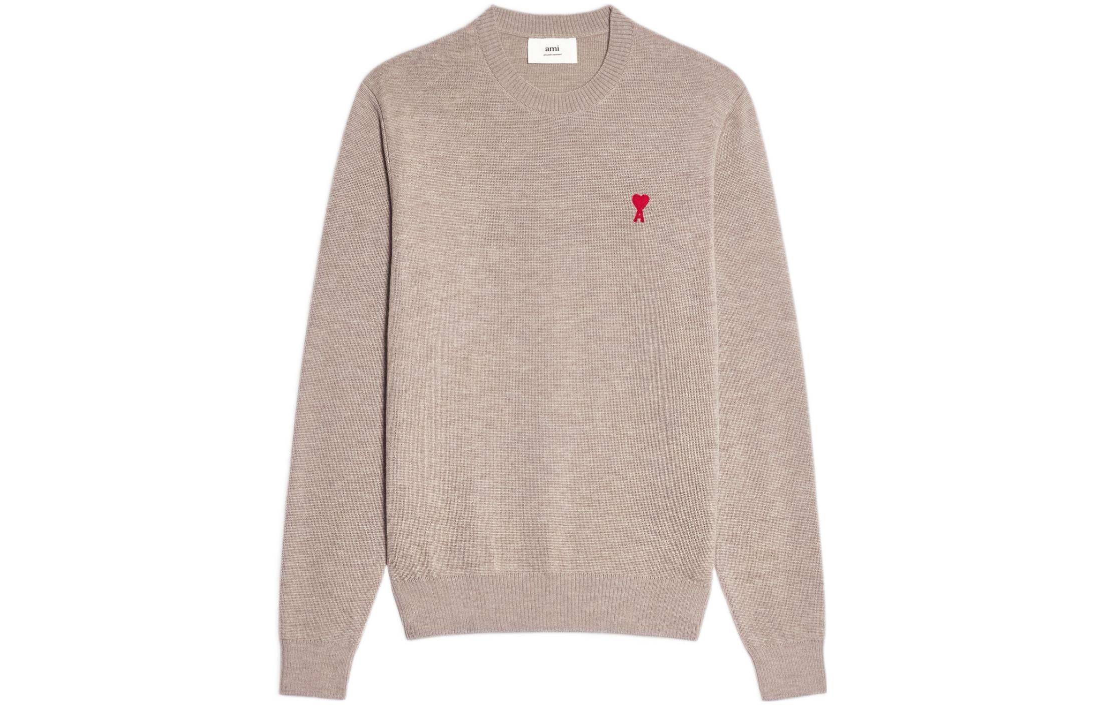 AMI Paris FW22 Yadan Red Logo Embroidered Wool Knit Sweater Beige Unisex. HKS001001-250
