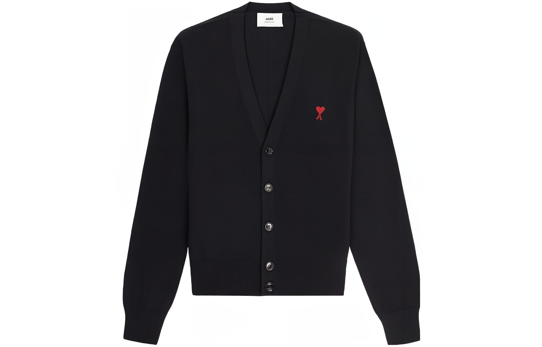 Order AMI Paris FW23 黑色愛心刺繡美麗諾羊毛針織開衫. HKC111KN0025-001