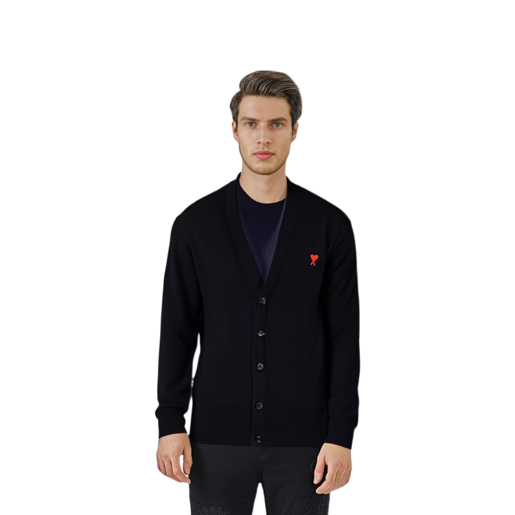 Purchase AMI Paris FW23 黑色愛心刺繡美麗諾羊毛針織開衫. HKC111KN0025-001